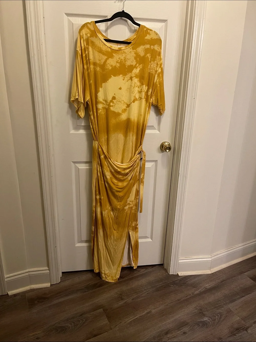 Free People Mustard Yellow Tie-Dye Maxi Dress with Side Drape